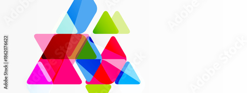 Colorful triangles overlap, creating abstract geometric composition. Bright hues contrast against white background. Modern design element.