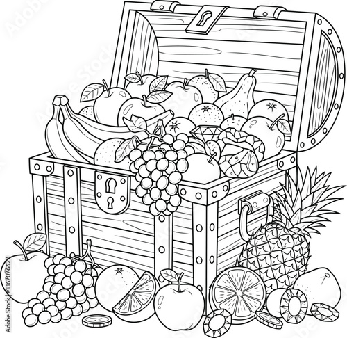 Black-and-white line art fruit basket shaped like a treasure chest creative detailed coloring page illustration