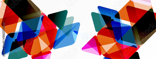 Abstract geometric shapes overlap, creating vibrant color blends. Composition feels dynamic, modern, energetic. White background emphasizes forms.