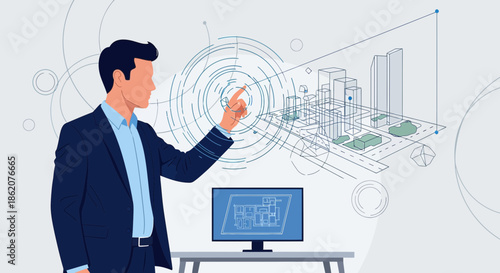 Architectural visionary interacts with holographic city model for future urban planning