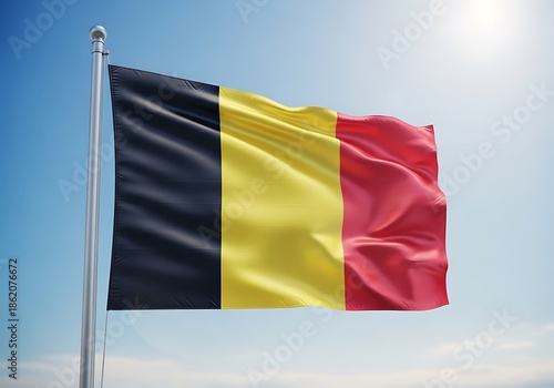 Belgiums National Flag Waving Proudly Against a Clear Blue Sky.