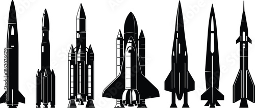 rocket silhouettes set, space launch vehicles collection, black vector spacecraft icons, futuristic missile illustration pack, aerospace technology design