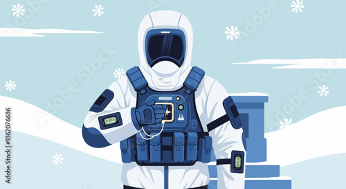 Arctic researcher monitors vitals in advanced protective suit during snowy field experiment