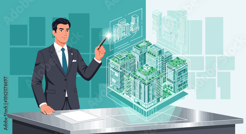 Architectural visionary presenting sustainable city design with futuristic holographic interface