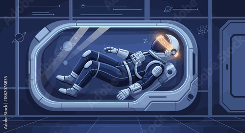 Astronaut in deep sleep chamber: A futuristic space travel scene depicting suspended animation
