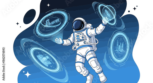 Astronaut in futuristic space with holographic displays representing buildings and space exploration