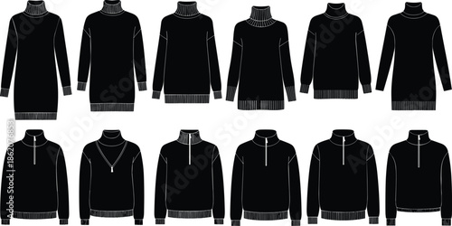 turtleneck sweater silhouettes set, winter fashion knitwear collection, black vector pullover icons, cozy apparel design pack, modern clothing clipart
