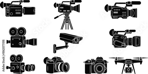 Collection of camera and video equipment silhouettes, professional filming icons set, photography tools graphic design, cad drawing flat vector illustration for media