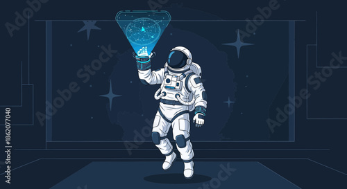 Astronaut manipulating holographic technology amidst the starlit expanse of deep space