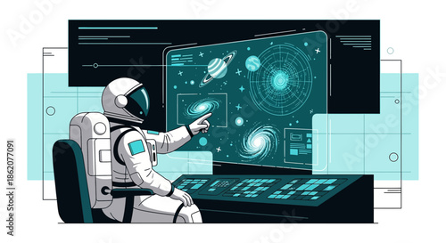 Astronaut monitoring cosmic data on holographic screen, exploring galaxies and celestial bodies