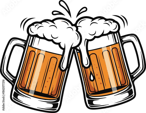 Two Beer Mugs Clinking Together with Foam