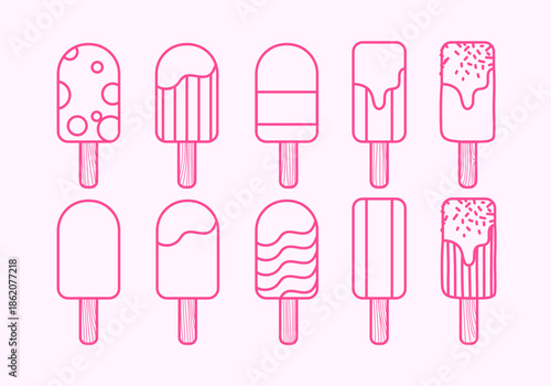 Set of chocolate and vanilla ice cream wooden stick icon vector illustration isolated on white background. Restaurant menu or food design.