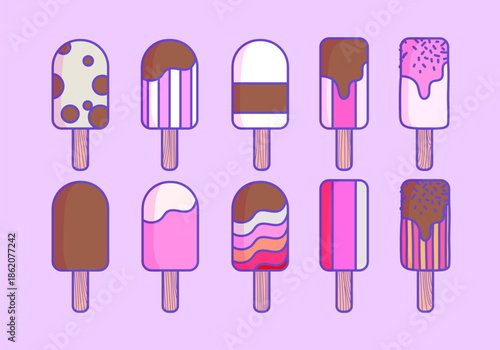 Set of chocolate and vanilla ice cream wooden stick icon vector illustration isolated on white background. Restaurant menu or food design.