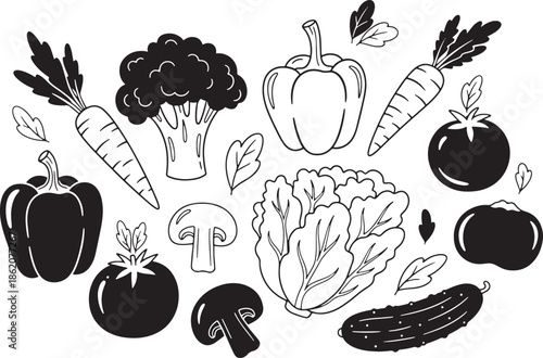Hand drawn collection of fresh vegetables and mushrooms isolated
