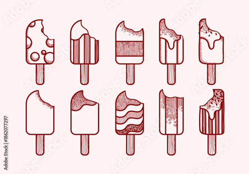 Set of chocolate and vanilla ice cream wooden stick icon vector illustration isolated on white background. Restaurant menu or food design.