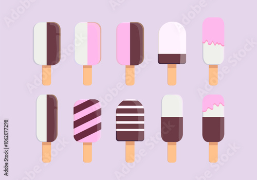 Set of chocolate and vanilla ice cream wooden stick icon vector illustration isolated on white background. Restaurant menu or food design.