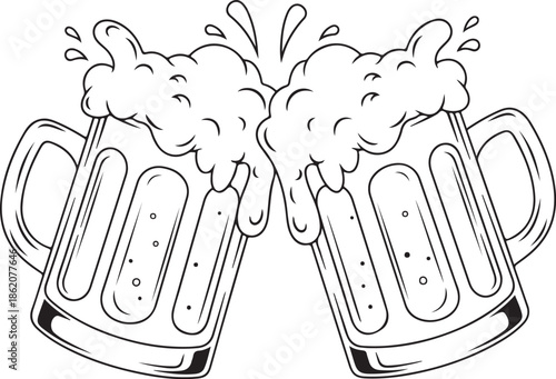 Two Clinking Beer Mugs with Foam Illustration