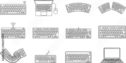 Collection of computer keyboard icons including wireless keyboards, ergonomic split keyboards, flexible keyboards, laptop keyboards and typing devices in line style
