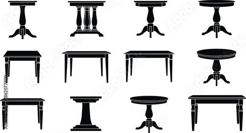 table silhouettes set, furniture dining collection, black vector wooden tables, classic modern designs, interior decor clipart bundle