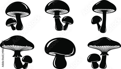 mushroom silhouettes set, wild fungi collection, black vector toadstools, forest nature symbols, botanical clipart bundle illustration