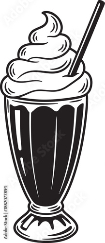 Hand drawn milkshake with whipped cream and straw illustration