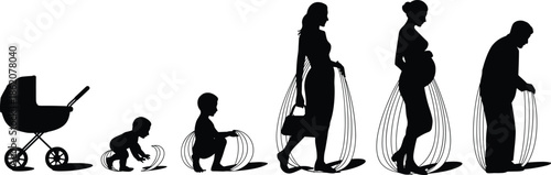 Human life cycle silhouettes vector set showing baby stroller, toddler crawling, child growth, pregnancy and old age evolution illustration collection