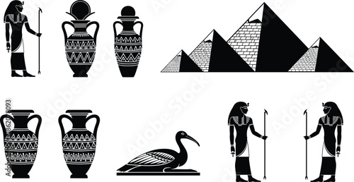 ancient egypt silhouettes set, pharaoh gods pyramids collection, black vector hieroglyphic symbols, sacred artifacts, egyptian history clipart