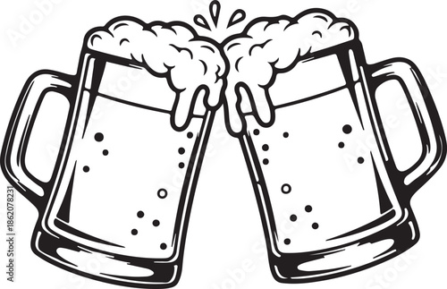Two Clinking Beer Mugs with Foam Cheers Celebration