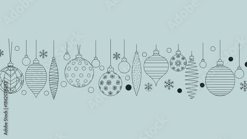 Decorative border of various Christmas bauble ornaments and snowflakes is shown in a clean line art style against a light blue background.