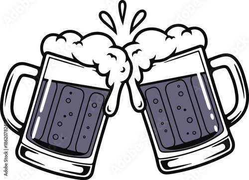 Clinking beer mugs with foam cheers celebration