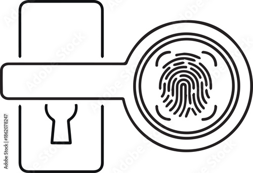 Smart door lock with fingerprint scanner and biometric security system line art icon.