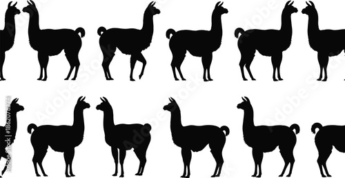 llama silhouettes set, alpaca farm animal collection, black vector wool mammals, standing poses, rural livestock clipart bundle