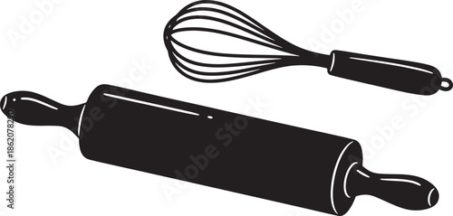 Handdrawnillustrationofkitchenwhiskandrollingpin