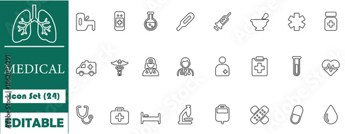 Premium collection of 24 medical and healthcare icons. High-quality editable symbols for hospital services, pharmacy, laboratory equipment, doctor consultation, and emergency first aid kits.