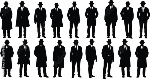 detective silhouettes set, noir mystery men collection, black vector trench coat figures, fedora hat agents, crime investigation clipart bundle