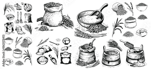 Rice set, bag, wooden bowl, spatula, spoon, handful of rice, wooden bowl. Grains in sack and scoop vector set