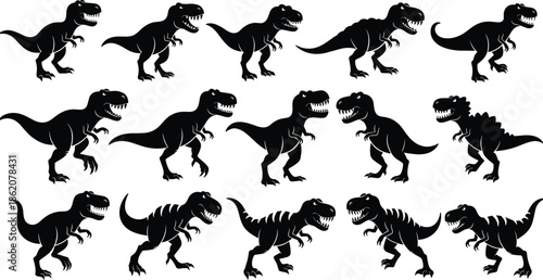 t rex silhouettes set, tyrannosaurus dinosaur collection, black vector prehistoric predators, roaring poses, jurassic monster clipart bundle