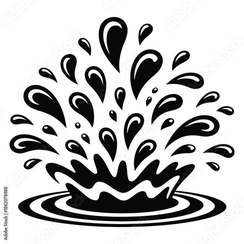 A dynamic black and white illustration of a water splash with multiple droplets and ripples