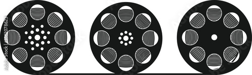 film reel silhouettes set, cinema movie collection, black vector filmstrips, vintage filmmaking symbols, multimedia entertainment clipart pack