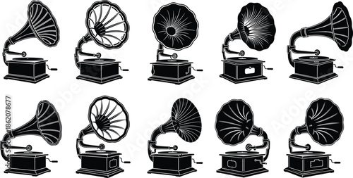 vintage gramophone silhouettes set, retro phonograph collection, black vector music players, antique sound devices, classic audio clipart