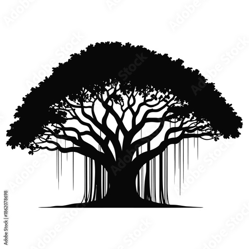 Magnificent banyan tree silhouette illustration capturing the grandeur of nature's ancient wonder