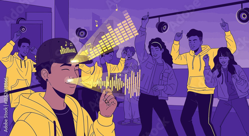 Augmented reality music experience where a dj uses his hat to control music at party