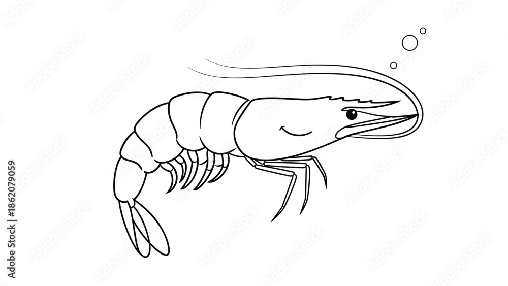 Fototapeta premium Simple black and white line drawing depicts a small shrimp swimming through the water, complete with tiny bubbles rising from its head.