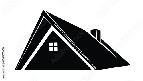Simple black silhouette of a house roof includes a small chimney and a four-pane window, serving as a clean icon for real estate or home.