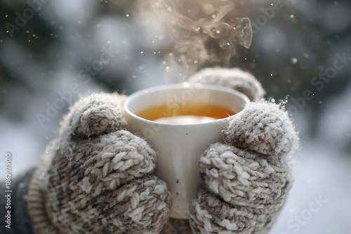 Warm hands cradling steaming cup of tea on snowy day