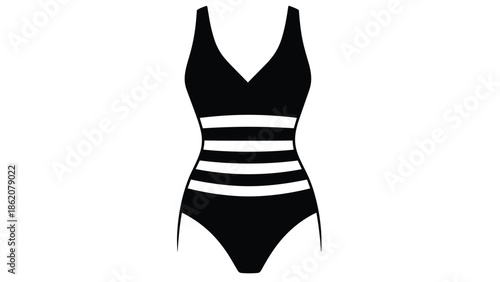 Minimalist solid black silhouette of a classic one-piece swimming suit features five white horizontal stripes across the midsection area.