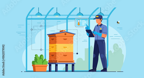 Beekeeper inspecting a modern beehive with digital temperature monitoring system inside a