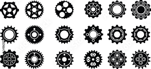 gear silhouettes set, mechanical cogwheel collection, black vector engineering icons, industrial machine parts shapes, technology clipart bundle