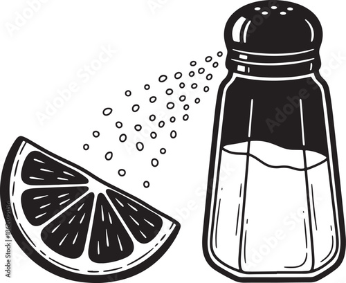 Salt shaker with lemon slice isolated on transparent background