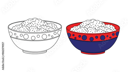 Two bowls of cottage cheese are presented side by side, one as a clean line drawing and the other in vibrant red and blue decorative colors.